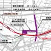連立事業による高架化区間（赤）。とうきょうスカイツリー駅も高架化される区間内に移設される。