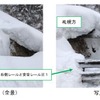 10月13日10時55分に発見されたという、路盤流出の現場。左の写真で、右側に露出しているレールが2本見えるが、内（左）側の1本は、脱線した車両が軌道外を逸走し、転倒・転落することを防ぐため、本線レールに沿って誘導する「安全レール」と言われるもの。