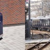 2月にデビューした相鉄20000形（右）と同じ「ヨコハマネイビーブルー」色となっている清掃ロボットの「TASKIインテリボット」（左）。