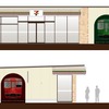 多度津駅前にオープンする観光列車「四国まんなか千年ものがたり」をラッピングした店舗のイメージ。ラッピングは店舗正面と左横に施される。