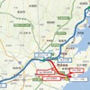 仙台港クルーズ客船アクセス列車のルート。赤線が仙台臨海鉄道線、青線がJR線。
