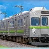 導入される7700系は塗色が4種類ある。これは、2019年度に2両編成2本が登場する緑帯車。