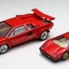 1/43スケールの新商品「トミカプレミアム RS ランボルギーニ カウンタック LP500S」（左）と通常サイズの「タカラトミーモールオリジナル トミカプレミアム ランボルギーニ カウンタック LP500S」（右）のサイズ比較