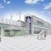 梅小路公園や京都駅西部エリア観光の玄関駅として「京都の町並みの『縦格子・縦縞』、京友禅の反物の『縦長矩形』を想起させる形態」とする梅小路京都西駅の駅舎イメージ。