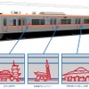 車体側面には、アクセントとして飛行機や沿線各所をイメージしたイラストを配置する。