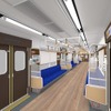 木を随所に使用する開業90周年車両の車内イメージ。カーテンや座席のモケットにはオリジナルの富士山柄があしらわれる。