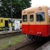 市原市の五井駅を起点とする小湊鐵道（右）と、いすみ市の大原駅を起点とするいすみ鉄道（左）が接続する上総中野駅。同駅には4日連続で列車が来ていない。いすみ鉄道の黄色い車両は、現在は運行されていない「ムーミン列車」。2010年9月撮影。