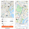 DiDiプレミアム配車依頼時の事前予測運賃表示画面（左）/乗車中のリアルタイム料金表示画面（右）