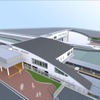 2020年3月のダイヤ改正を機に開業する東海道本線御厨駅のイメージ。駅舎は橋上式で、構内は2面2線。自由通路は東海道新幹線と東海道本線を跨ぐ位置に架かる。