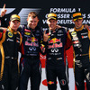 2013年F1ニュルブルクリンク戦の表彰式。優勝は当時レッドブルのS.ベッテル（右から2人目。同年のレース名はドイツGP）。