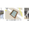 日本初の立体交差駅（左）であったことを後世に伝える航空写真や、筑豊本線で使われていたレールと枕木（中）がレール跡に展示される折尾駅新駅舎。右はその設置位置。