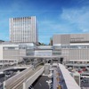 路面電車が出入りする広島新駅ビルの外観イメージ。左手上はホテル、右手上はシネマコンプレックスに。高さは約100mを誇る。