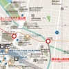 富山港線新停留場の位置。オークスカナルパークホテル富山前停留場は「プールバール」、龍谷富山高校前（永楽町）停留場は「永楽町」という仮称が付けられていた。