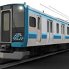 相模線用E131系のエクステリアイメージ。「遠くまで広がる湘南の海とダイナミックな波の水しぶきを水玉模様で表現」したという車体。前面と側面は青の濃淡で「遠くまで広がる湘南の海」をイメージ。車体幅は現行の205系500番台より150mm拡大され、最高速度は10km/h向上した110km/hとなる。