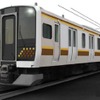 宇都宮線・日光線用E131系のエクステリアイメージ。側面には宇都宮市で復元された火焔太鼓の山車をイメージした黄色と茶色の帯を配置。「世界遺産日光の社寺に施される文様にも通じる、賑やかで 高級感のあるデザイン」として日光らしいレトロ感を出す。
