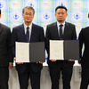 協定調印式に登壇した埼玉工業大学 内山俊一 学長、同大 渡部大志教授、籠島装業 籠島真二 社長、群馬ボートライセンススクール竹内徳和 講師