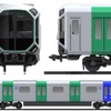 400系のフロントビューとサイドビュー。ホームドアを意識してドア部に中央線のラインカラーであるグリーンを主体に配色。