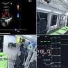 エクモカー内から送られる映像イメージ。左上：患者のエコー画像、右上：車内のLiveU映像、左下：車内のLiveU映像、右下：患者の血圧などの医用情報（バイタルデータ）
