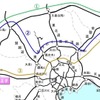 「起終点を基本とした継ぎ目のない料金」の例（ETC利用の普通車）：（1）または（2）に迂回しても（3）の料金となっている。