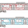 海側と山側で色が異なる「アロハ電車」のデザイン。ハワイ語でウミガメを意味する「ホヌ柄」とされたラッピングには、ウミガメやイルカのほか、伊豆ならではのシークレットキャラクターも入るという。前面スカートにも配色されており、伊東方が青、伊豆急下田方が赤となる。