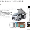 天井部分が斜めに開くタイプのオフィスカー。エアコンやヒーター、冷蔵庫なども完備。