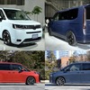 左上から時計回りにホンダ・ステップワゴンエアー（新型）、ホンダ・ステップワゴンスパーダ新型、トヨタ・ヴォクシー新型、トヨタ・ノア新型