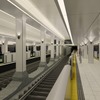「地下構造が美しい駅」をコンセプトとした大国町駅のリニューアルデザイン。同駅は四つ橋線と同一階で交わる駅で、それを支える地下構造の美しさを強調。天井には美しさを際立たせるためのライティングが施される。