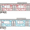「アロハ電車」のデザイン。ハワイ語でウミガメを意味する「ホヌ柄」とされたラッピングには、ウミガメやイルカのほか、伊豆ならではのシークレットキャラクターも入るという。前面スカートにも配色されており、伊東方が青、伊豆急下田方が赤となる。