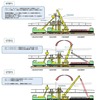 電柱建替用車両によるコンクリート製電柱から鋼管柱への建植の流れ。コンクリート製電柱をクレーンで引き抜き、吊り上げ、運搬車へ積載後、鋼管柱を運搬車から吊り上げ、クレーンで建植後固定。その後にトロリ線を支持する金具を取り付ける。