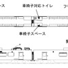 737系のレイアウト。車椅子用スペースと対応トイレはクハ737に設置。フリースペースはクモハが山側、クハが海側。定員はクモハ737が136人（座席49・立席87）、クハ737が133人（座席44・立席89）の合計269人で、キハ143形より1割程度多くなる。