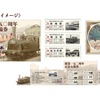 鉄道黎明期の写真が入った鉄道開業150周年記念入場券のデザイン。台紙の見開きが蒸気機関車の形となる。明治期の鉄道にまつわる錦絵をプリントした記念豆皿が付く。