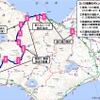 代替バス路線の概要。ほぼ国道5号に沿うが、停留場から外れる駅もある。