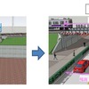 三沢架道橋の架替え概要。拡幅される道路（右）には歩道が設けられ、電線類を地中化。街路樹が植栽され、防災道路としても整備される。