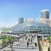 「大阪城東部地区のまちづくりのコンセプトと合致し、西の拠点と対峙する『シンボリック、かつ、インテリジェンス（知）・イノベーション（革新）・インキュベーション（新規事業等の孵化）』を球体が浮かび上がってくるイメージで表す唯一無二のデザイン」とされる森之宮新駅のエクステリア。