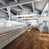 長さ312mの島式ホーム2面と4線を持つ北陸新幹線敦賀駅の構内イメージ。床は船の甲板をイメージして木調タイルで仕上げられ、待合室も船をモチーフとされる。