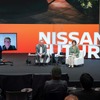 パネルディスカッション第1部：ドリーブ CEO エリック・メベリック氏、ヌービー CEO グレゴリー・ポイラン氏、日産自動車 グローバルEVプログラム＆エナジーエコシステムビジネス部担当 理事 ユーグ・デマルシエリエ氏、自然エネルギー財団 西田裕子氏（左から）