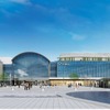 「瀬戸内海の穏やかな海のゆらぎ」をイメージした「TAKAMATSU ORNE」の外観。既存の駅舎部分を玉藻城の石垣と城をイメージした「陸」、増設される駅ビル部分を「瀬戸内海」とし、高松の海と陸のつながりが表現される。