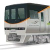 貫通式となっているL編成の5号車8400形、S編成の6号車・8200形のエクステリアイメージ。オレンジは瀬戸内の温暖な気候や愛媛の柑橘を、窓下のグリーンのラインは香川のオリーブをイメージ。各先頭車の先頭部側面には左のロゴが付く。