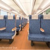 普通車自由席（4・5号車）のリニューアルイメージ。モケットは瀬戸内の海をモチーフとしたものに。コンセントは6・7号車を含めて窓側のみに。