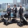 6月13日のプレゼンテーション。人物は向かって左からジャーナリストでゲストの桃田健史、WHILLの杉江理代表取締役社⻑CEO、ファイターズスポーツ＆エンターテイメント、事業統轄本部企画統括部ファシリティ&ディベロップメント部の齋藤裕太副部長