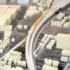 新宿線下りと国分寺線の立体交差（模型）。画面右上が東村山駅、手前が西武新宿方面、左手前が国分寺方面