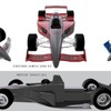 2012年のローラ製ローリングシャーシ（写真下）とエアロパッケージを装着した完成車（グレーの部分がローリングシャーシ）