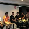 SUPER GT部門トークショーの参加選手たち。向かって左から中山友貴、井口卓人、伊沢拓也、柳田真孝、星野一樹、松浦孝亮の6選手
