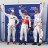 予選トップ3。向かって左からシューマッハ（メルセデスAMG）、ハミルトン（マクラーレン）、バトン（マクラーレン。3月24日、F1マレーシアGP）