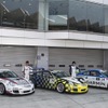 	(左から)No.12、Bright Motorsport　小河 諒(ポルシェ センター目黒、世田谷、銀座)、No.78、IMPROVE RACING　近藤 翼(ポルシェ センター横浜、湘南)、No.14、GARMIN PORSCHE 川端 伸太朗(PCCJ若手ドライバー育成プログラム)
