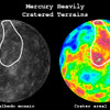 水星のクレーター分布図。右の画像は、25km以上の大きさのクレーターが多く残る数密度マップ。白線で囲まれた部分はクレーターが非常に多く分布する地域で、水星で最も古い表面地形と考えられる。