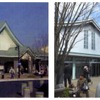 1934年の開業時に設置された南口の旧駅舎（左）と、今回工事が完了した新駅舎（右）。富士山の屋根をイメージしたとされる緩やかなカーブの屋根は新駅舎でも採用された。