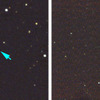 石垣島天文台で撮影された GRB 130427A の可視光残光。  （左）4月29日、（右）5月3日に撮影。  撮影：国立天文台石垣島天文台　花山秀和・むりかぶし望遠鏡3色カメラ