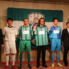 左から FC 岐阜の薫田大二郎社長、宮沢正史選手、三都主アレサンドロ選手、 ラモス新監督、川口能活選手、NGK柴垣信二副社長
