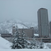 会場の湯沢ニューオータニホテル。背後には今日では珍しいスキー専用ゲレンデが。